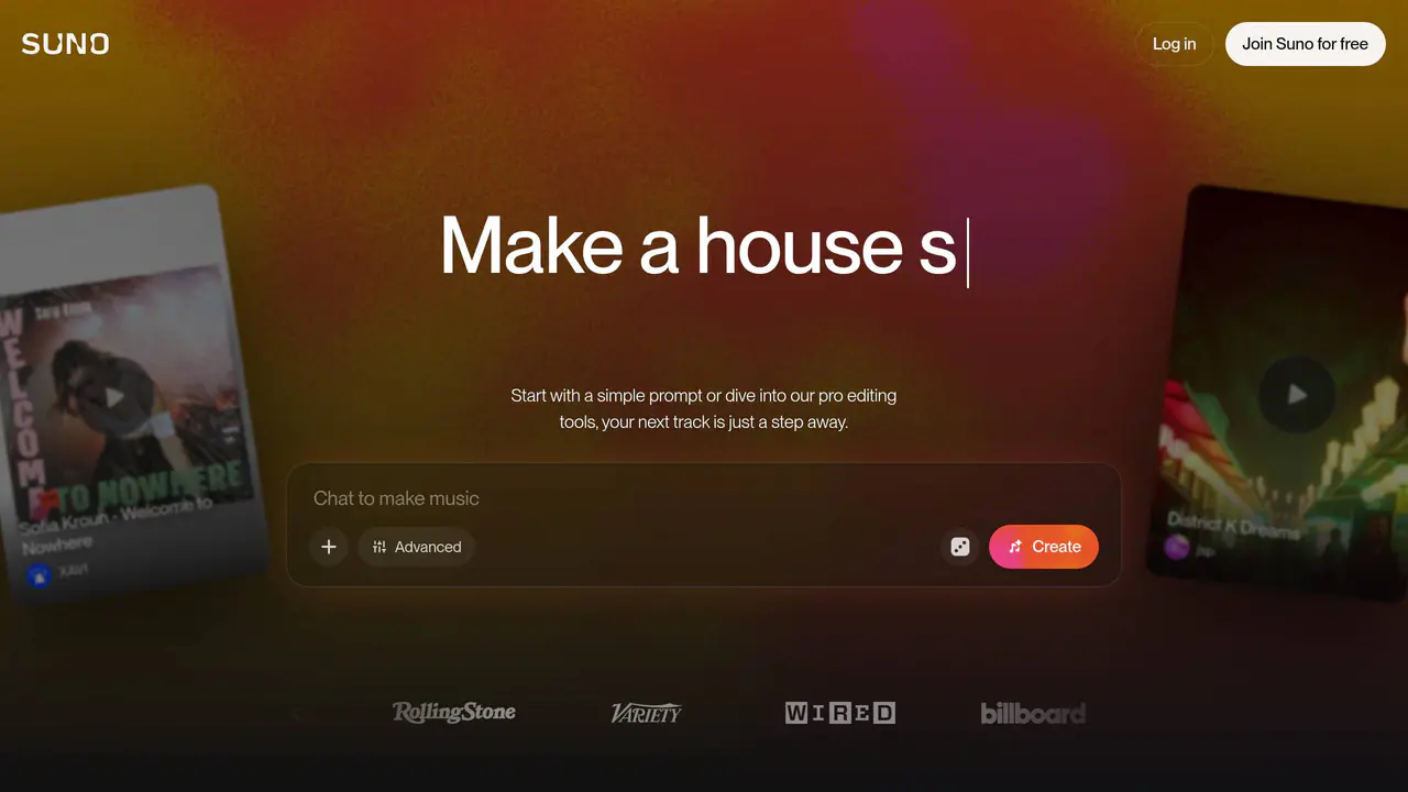 Homepage preview of Suno AI, captured Aug 25, 2026