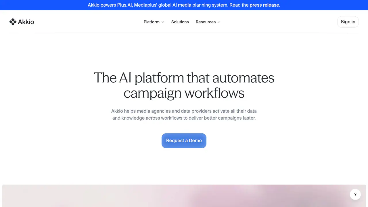 Homepage preview of Akkio, captured Aug 4, 2026