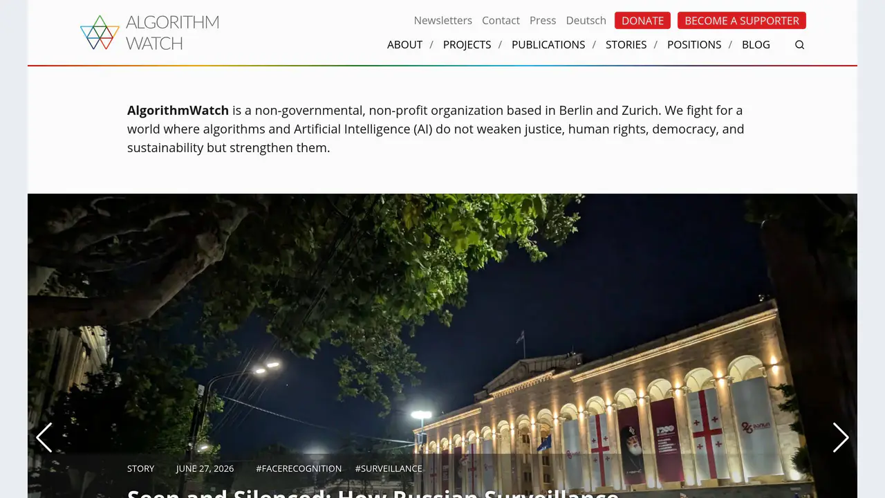 Homepage preview of AlgorithmWatch, captured Jul 28, 2026