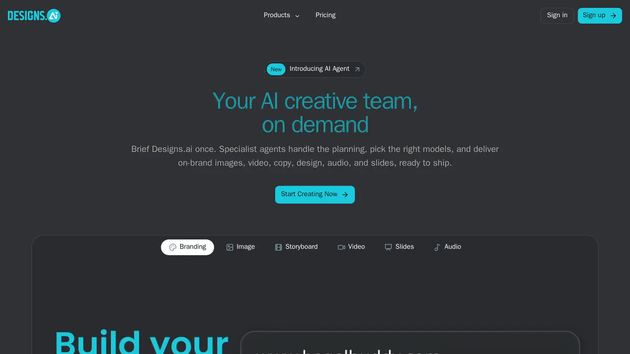 Homepage preview of Designs.ai, captured Aug 18, 2026