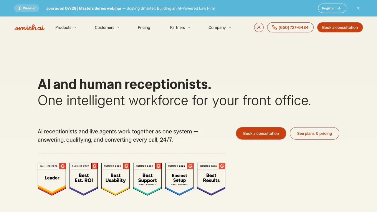 Homepage preview of Smith.ai, captured Jul 24, 2026